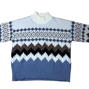 JOSEPH A XL Winter Fair Isle Knit Sweater Blue Brown White Holiday Soft Pullover